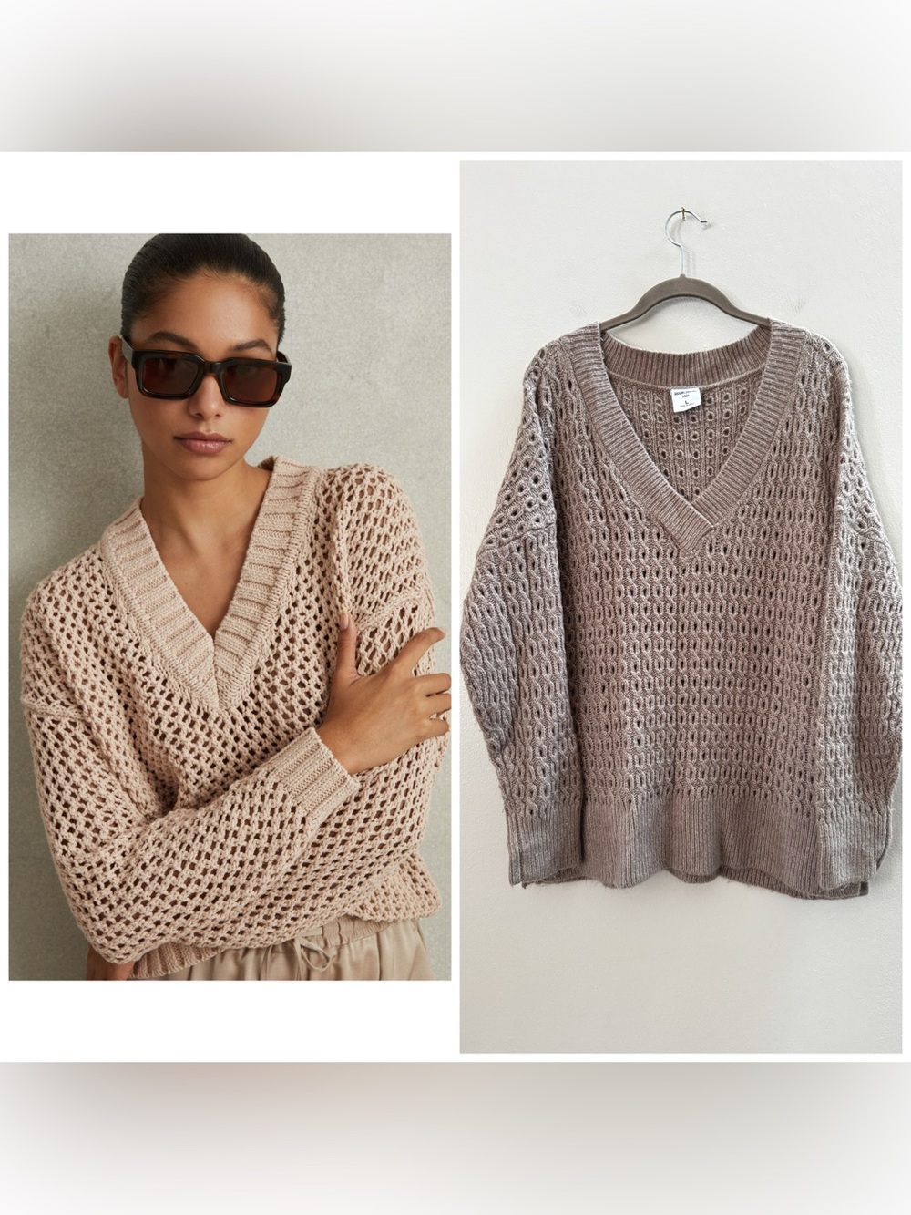 Abercrombie Social Tourist Tan Eyelet V-Neck Oversized Sweater Large Brown